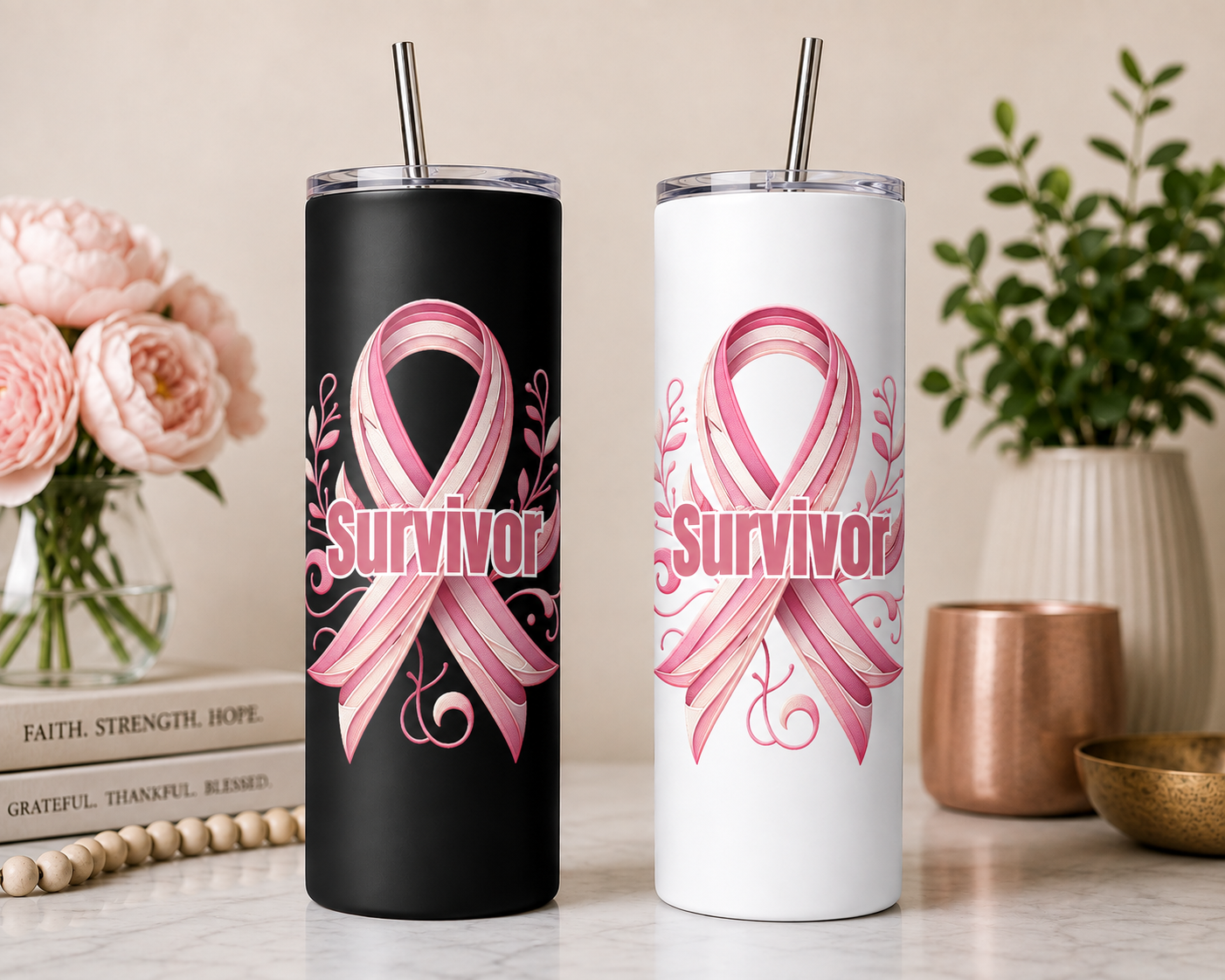 Survivor Breast Cancer Awareness 20 oz Skinny Tumbler