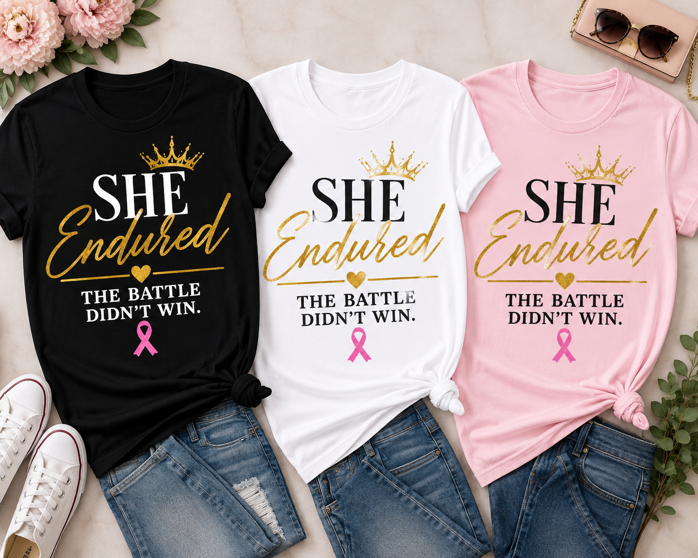 She Endured™ Breast Cancer Survivor T-Shirt | The Battle Didn't Win
