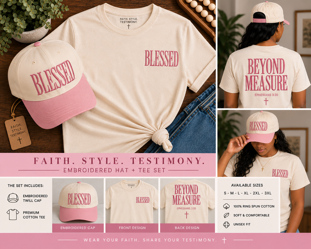BLESSED. Beyond Measure.™ Embroidered Hat + T-Shirt Set | Ephesians 3:20