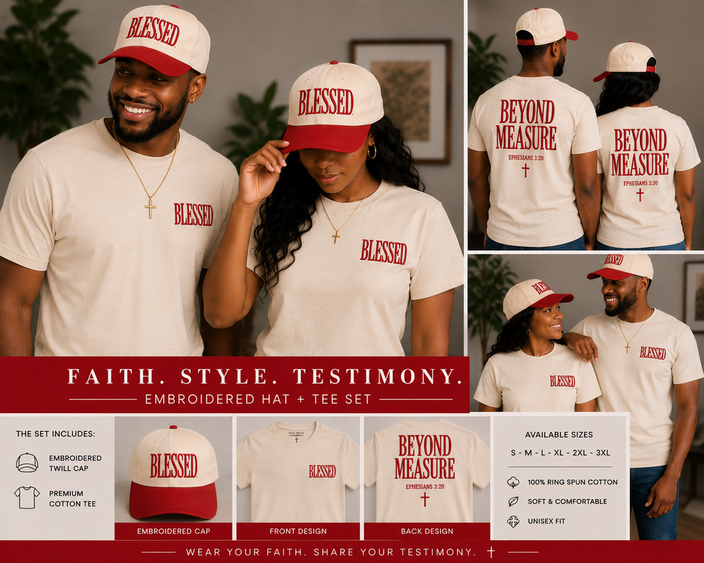 BLESSED. Beyond Measure.™ Embroidered Hat + T-Shirt Set | Ephesians 3:20