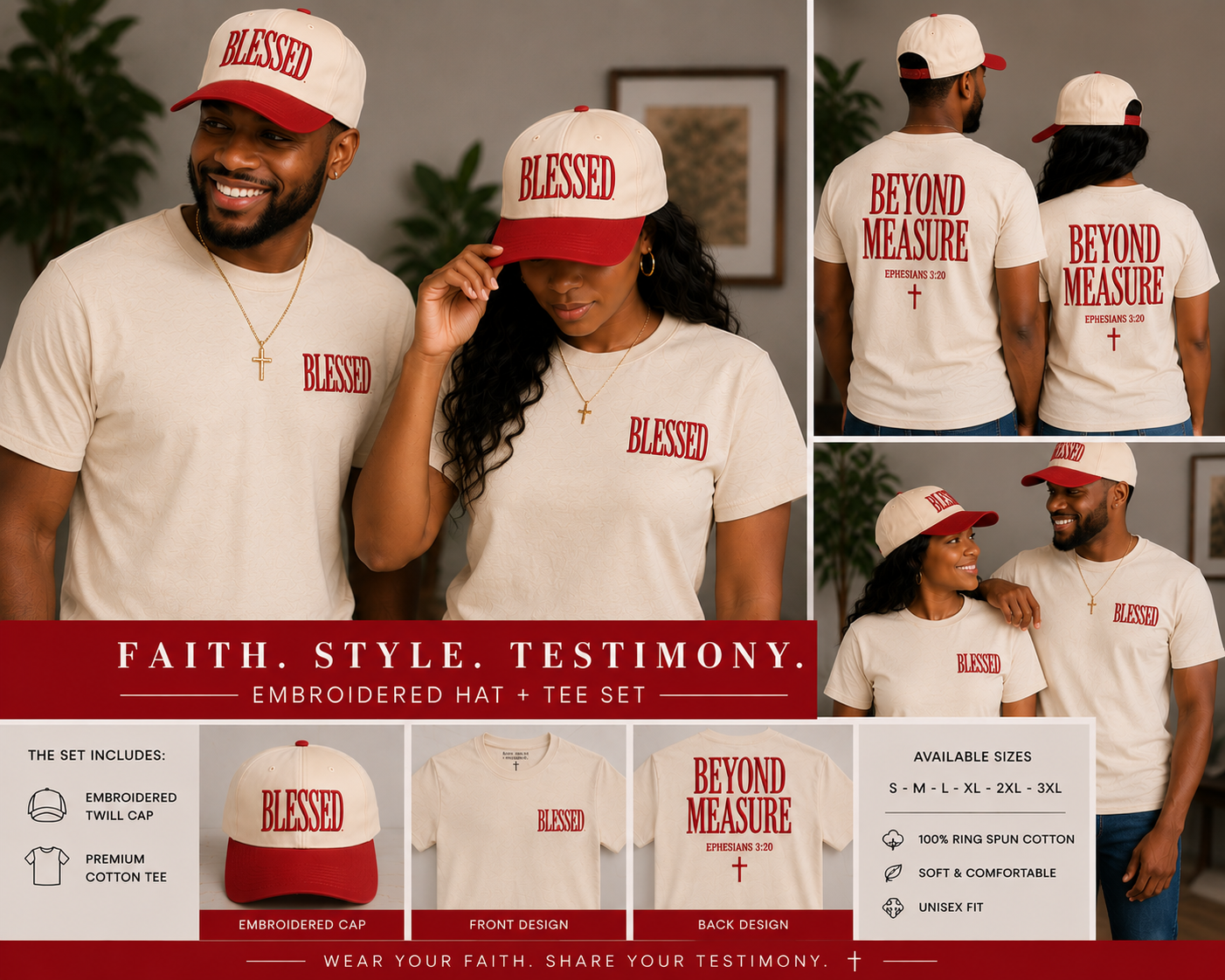 BLESSED. Beyond Measure.™ Embroidered Hat + T-Shirt Set | Ephesians 3:20