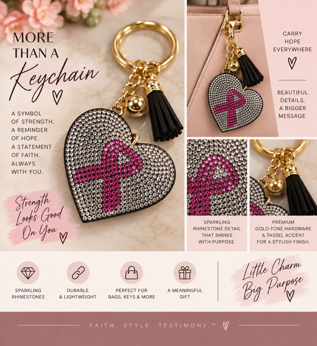 Pink Ribbon Rhinestone Heart Purse Charm & Keychain