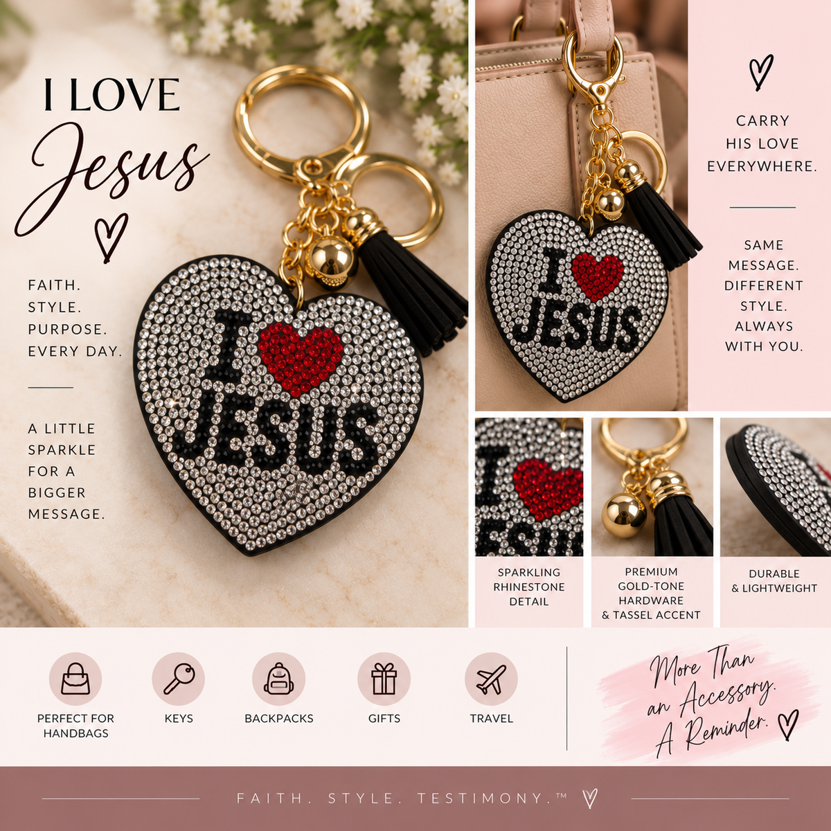 JESUS Rhinestone Heart Purse Charm & Keychain