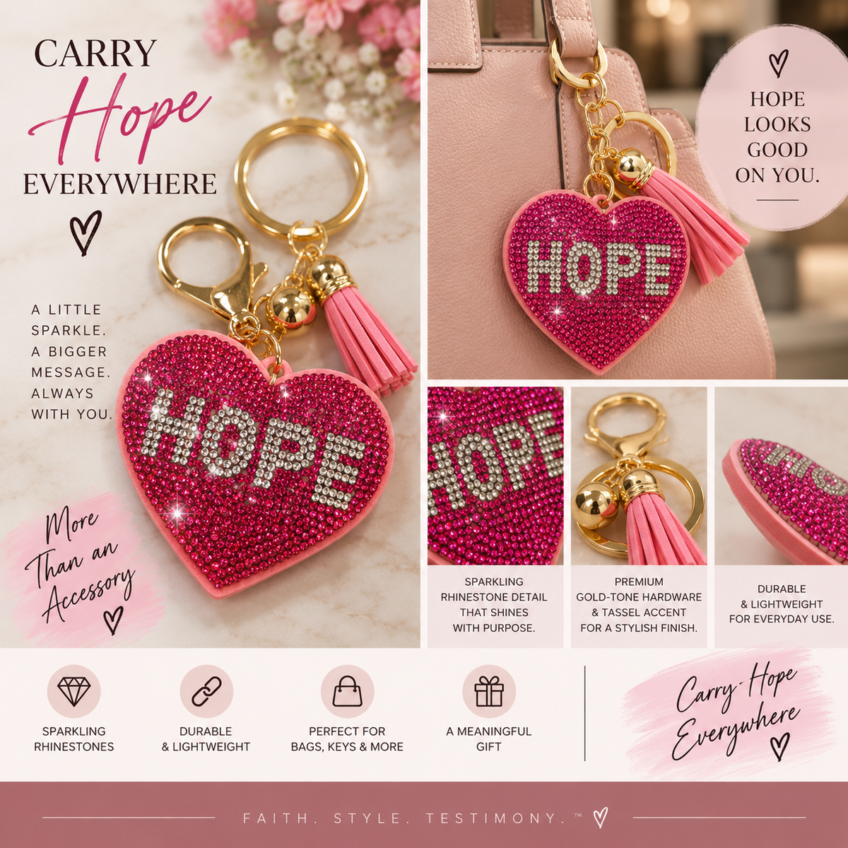 HOPE Rhinestone Heart Purse Charm & Keychain