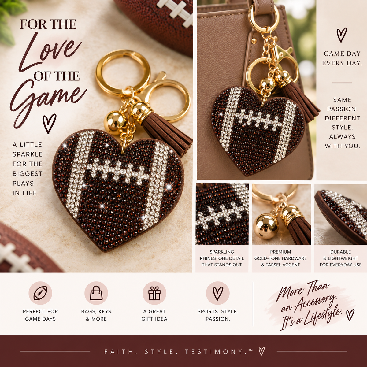 Love of the Game Rhinestone Football Heart Purse Charm & Keychain