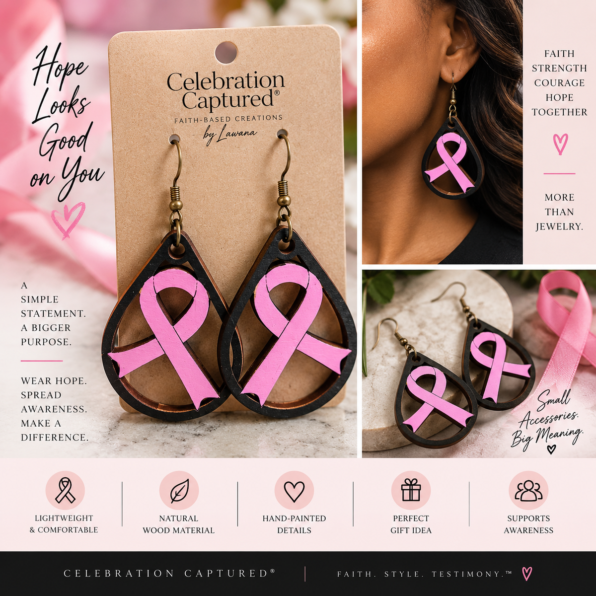 Pink Ribbon Wooden Teardrop Earrings