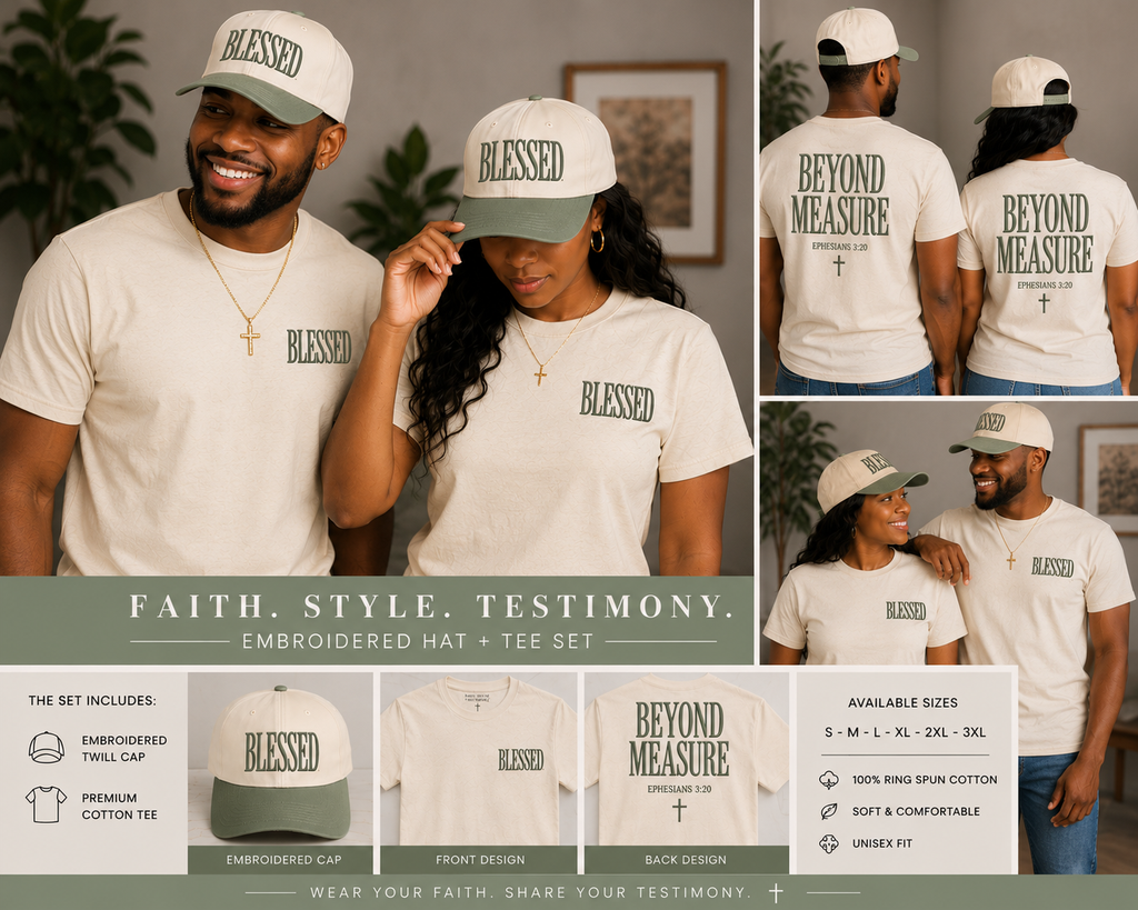 BLESSED. Beyond Measure.™ Embroidered Hat + T-Shirt Set | Ephesians 3:20