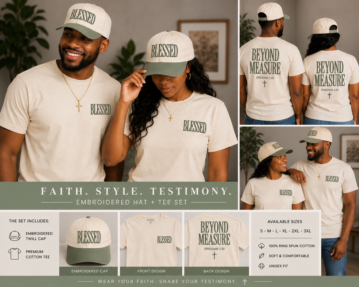 BLESSED. Beyond Measure.™ Embroidered Hat + T-Shirt Set | Ephesians 3:20