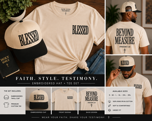 BLESSED. Beyond Measure.™ Embroidered Hat + T-Shirt Set | Ephesians 3:20